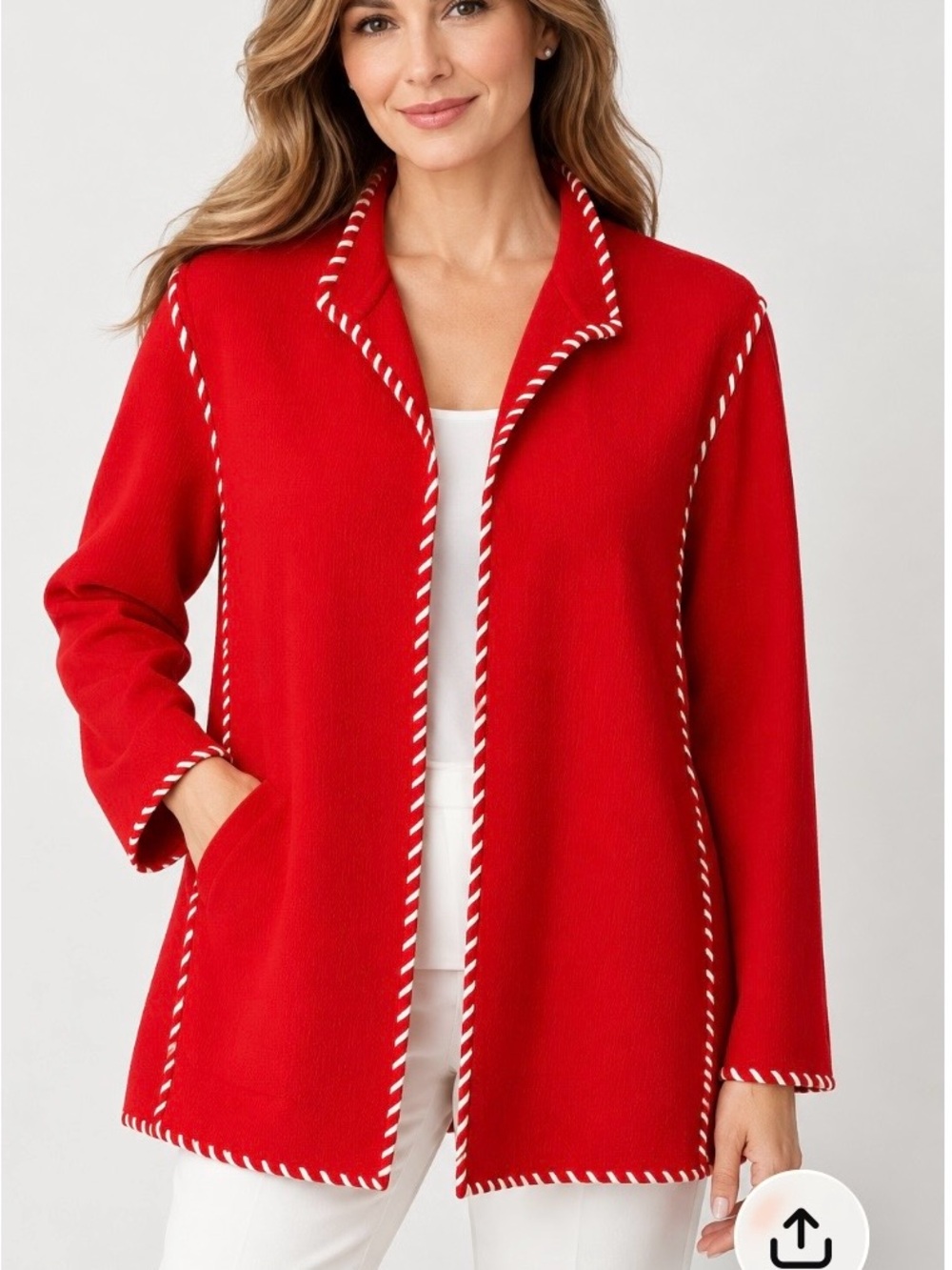 Escada Red Open-Front Cardigan with White Leather Trim Sz 16